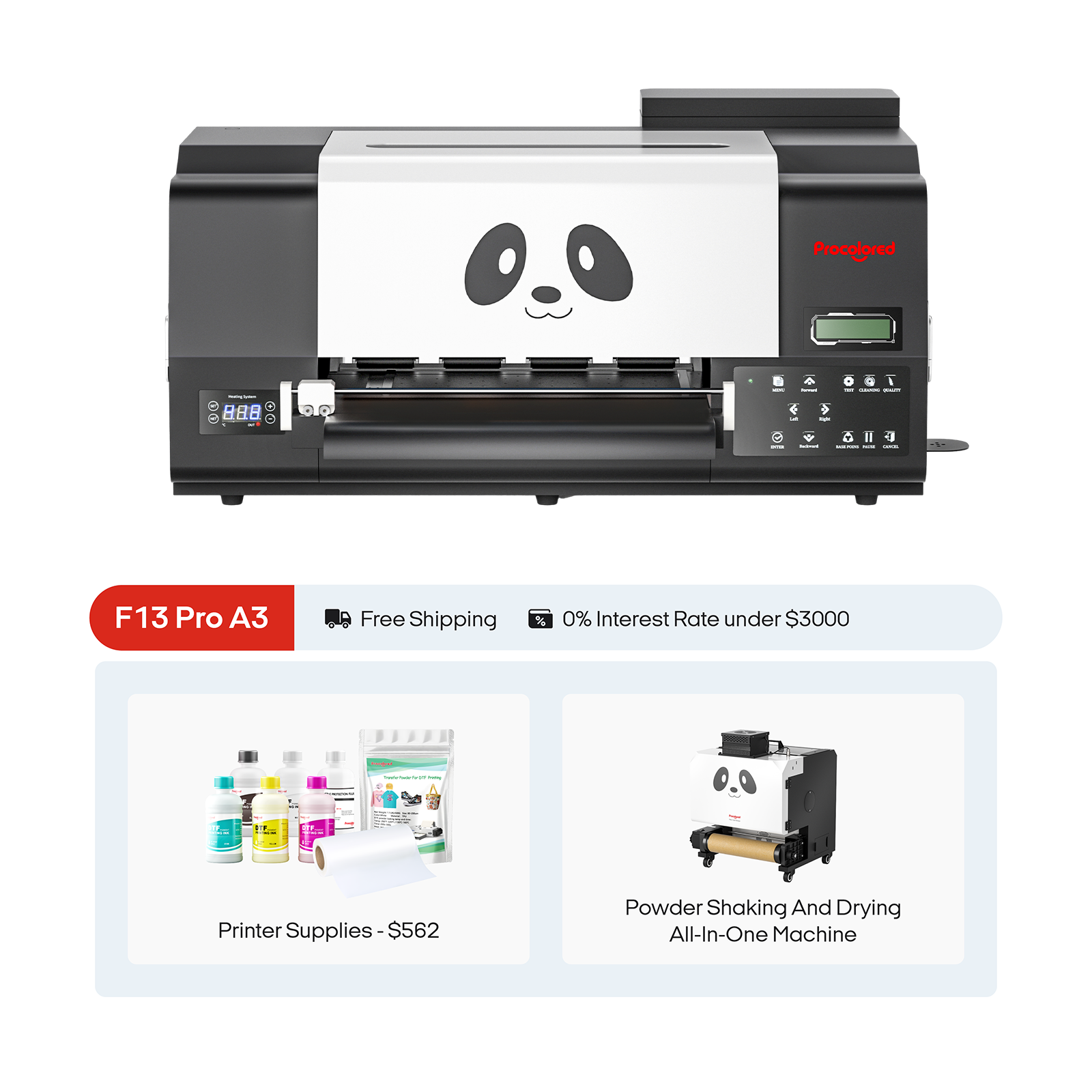 Procolored F13 Pro Panda DTF Printer 13" A3 Dual XP600 & DTF Shaker Bundle